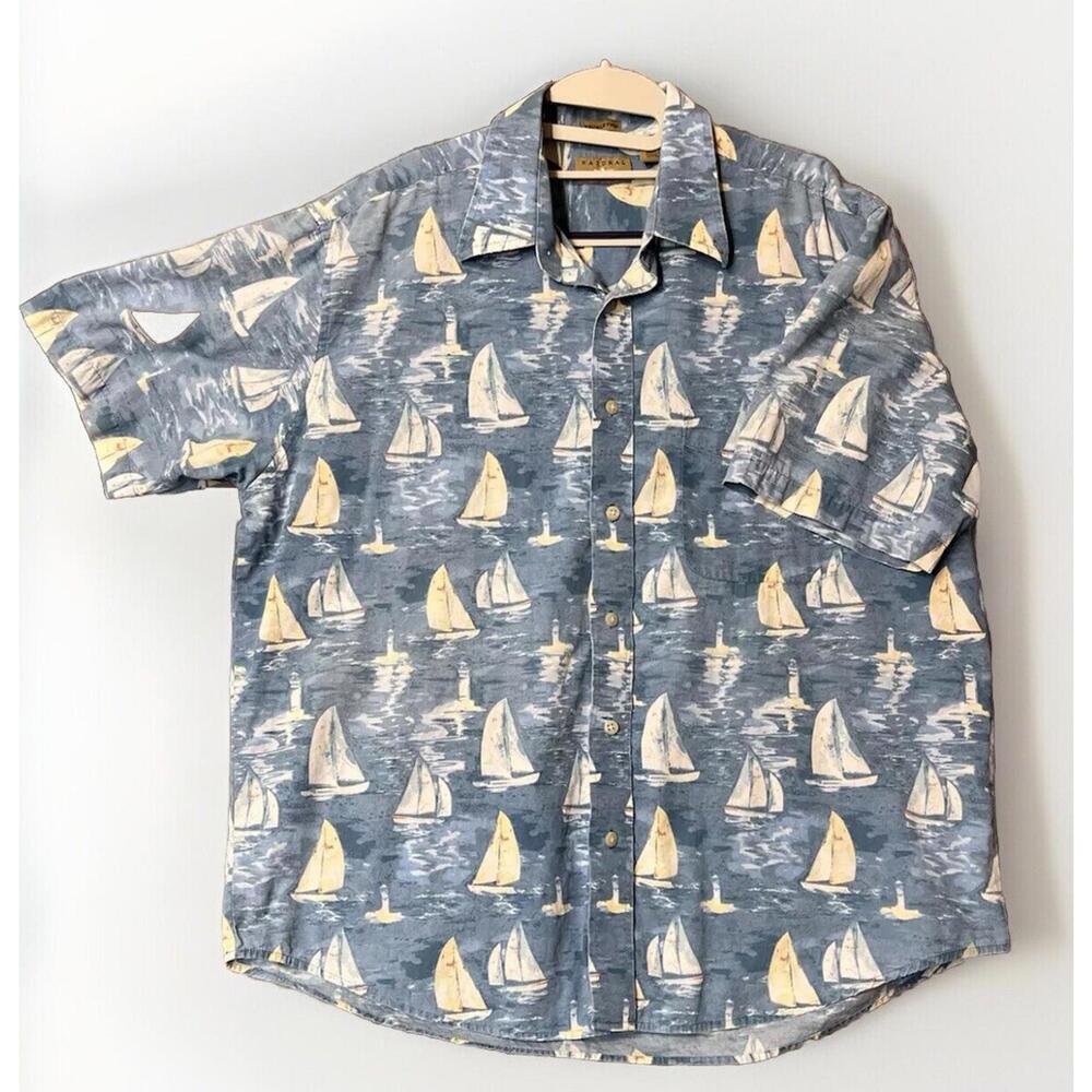 Mens L Hawaiian Shirt Sail Boat Blue Tan Short Sleeve Resort Chill Natural Issue